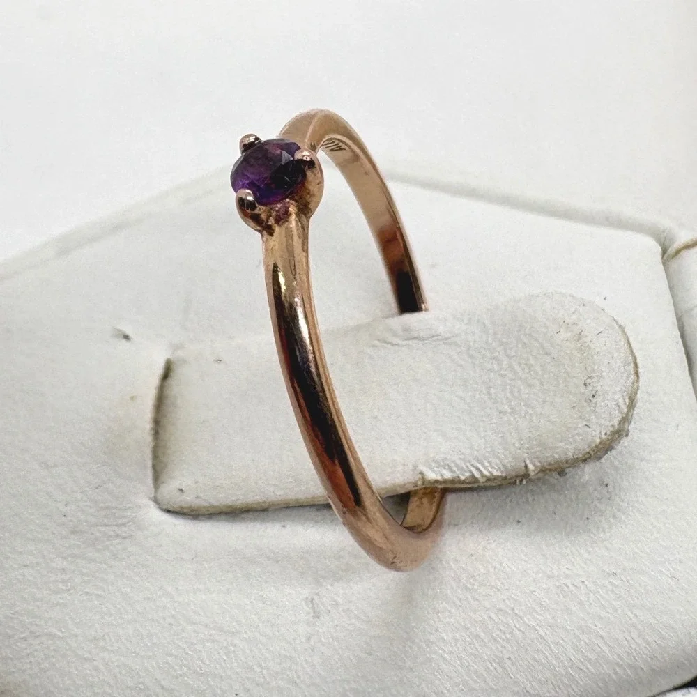 Pandora 14K Rose Gold Plated Purple Cubic Zirconia Solitaire Ring Size 6 ALE